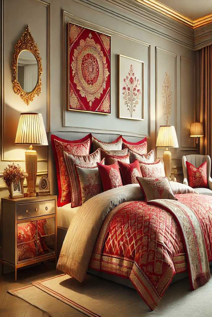 Red & Gold Bedding Set with Neutral Walls