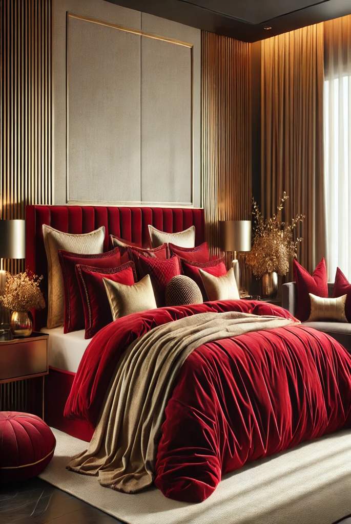 Red Velvet Bedding with Gold Throw Pillows