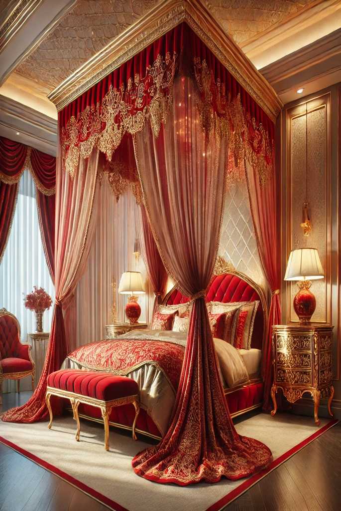 Red and Gold Canopy Bed