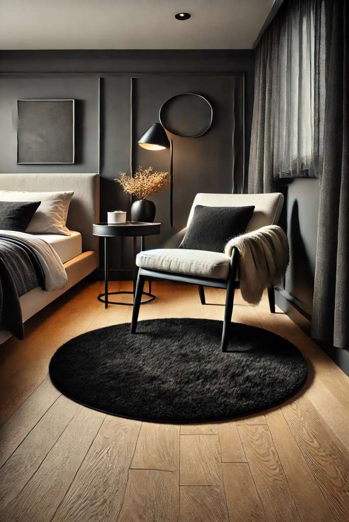 Round Black Rug for a Cozy Corner