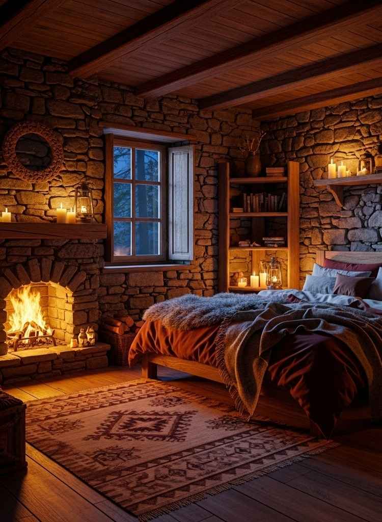 Rustic Stone Cabin Bedroom