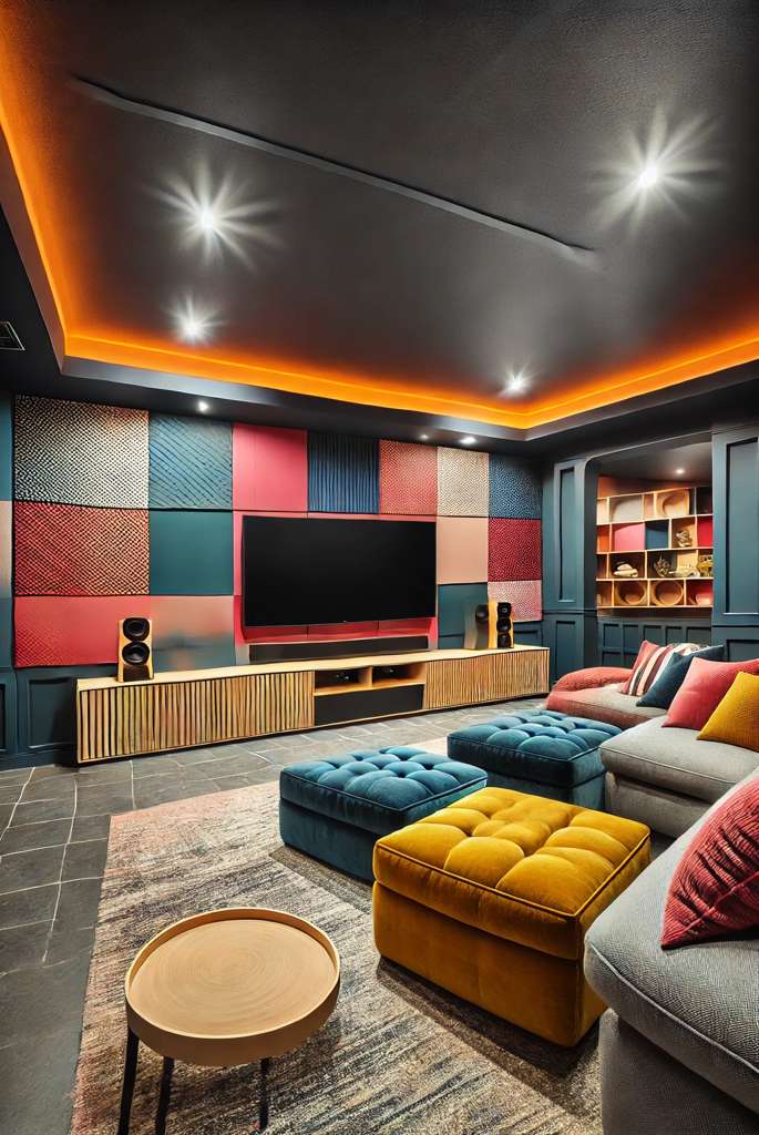 basement TV room with a bold accent wall