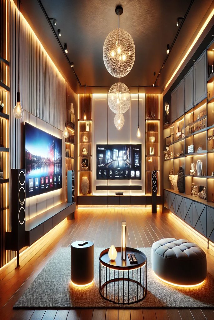 basement TV room with unique lighting