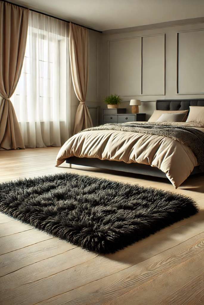 bedroom with black rug