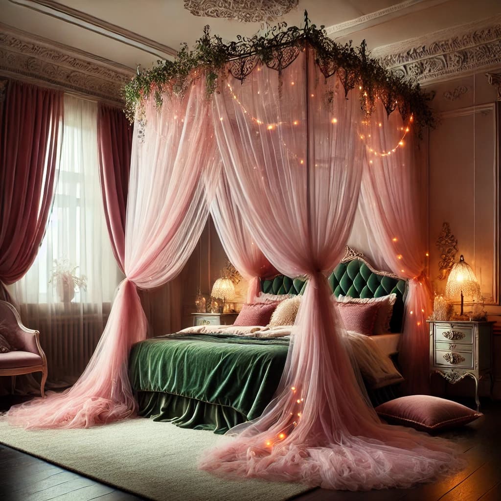 elegant canopy bedroom with pink and green