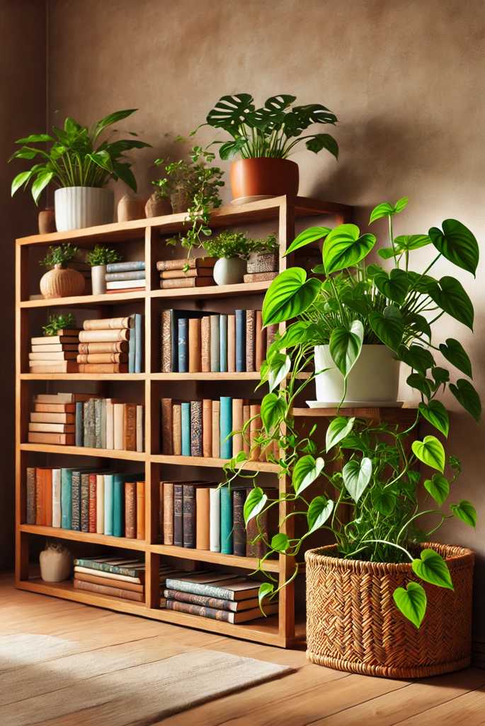 pothos on a bookshelf