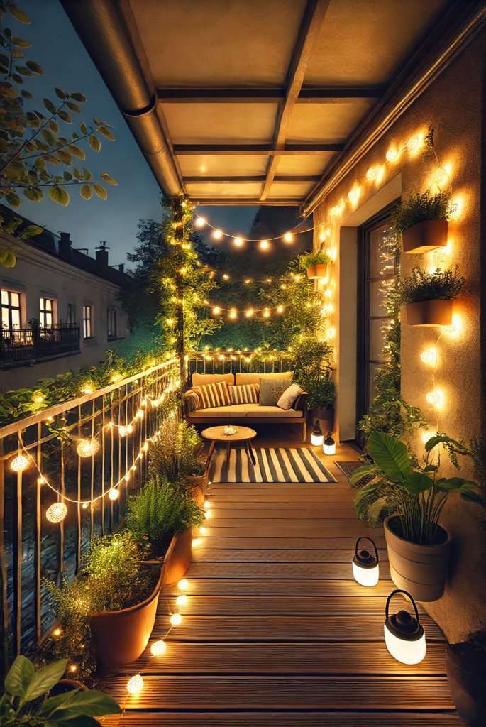 small balcony with warm string lights