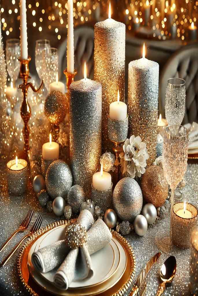 table with glitter-dipped candles