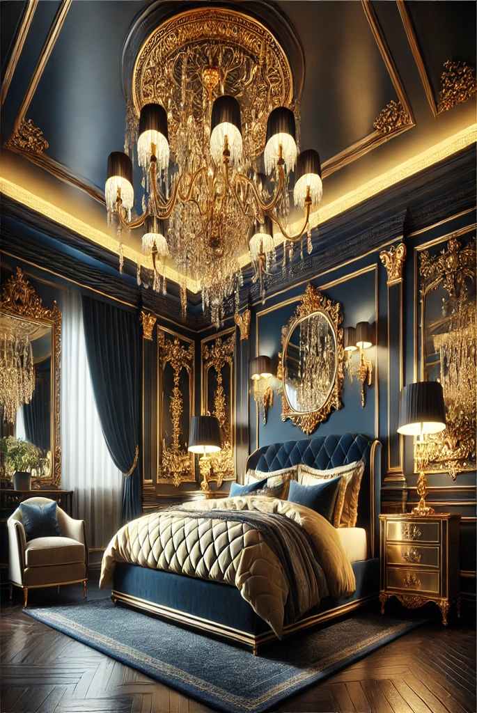 Gold Chandeliers in a Navy Room