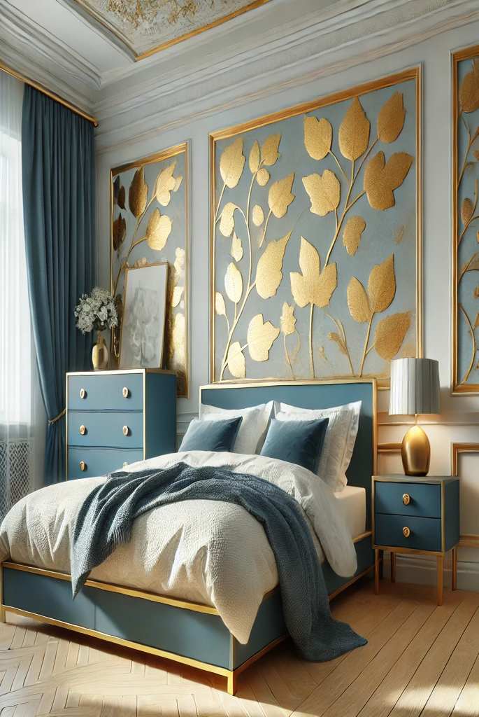 Gold Leaf Wallpaper with Blue Furniture