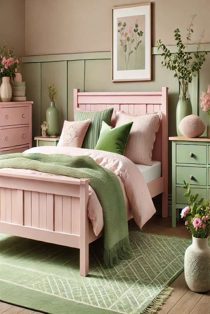 Pastel Pink Furniture with Green Accents