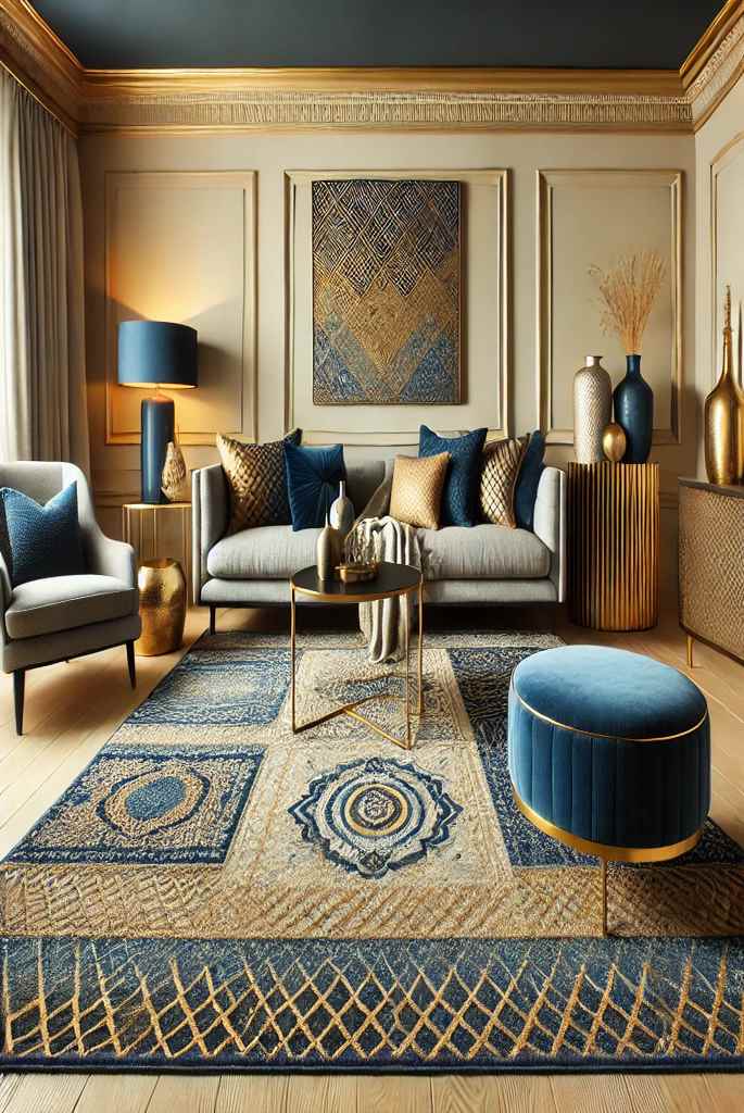 Blue and Gold Textured Area Rug