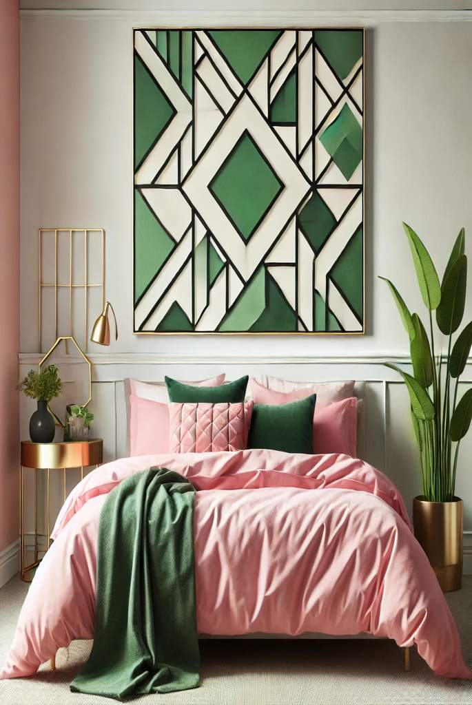 Geometric Green Wall Art with Pink Bedding