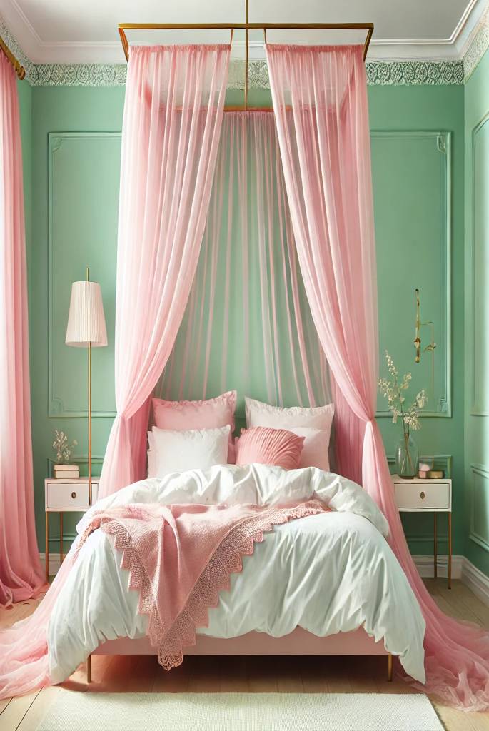 Mint Green Walls with Pink Canopy Bed