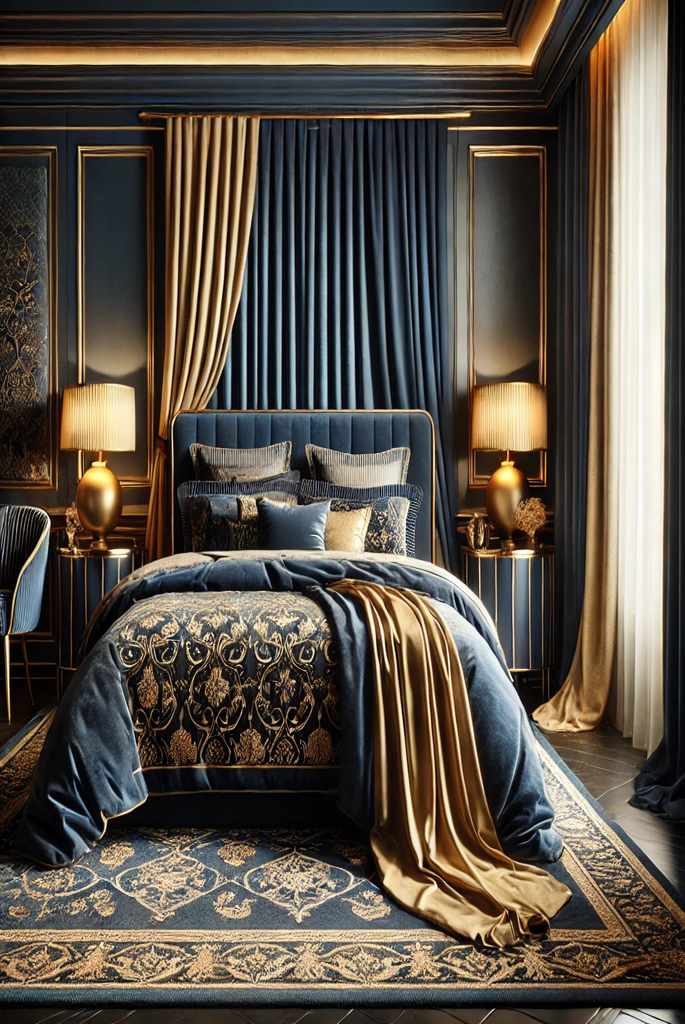 Navy Blue Bed with Gold Bedding