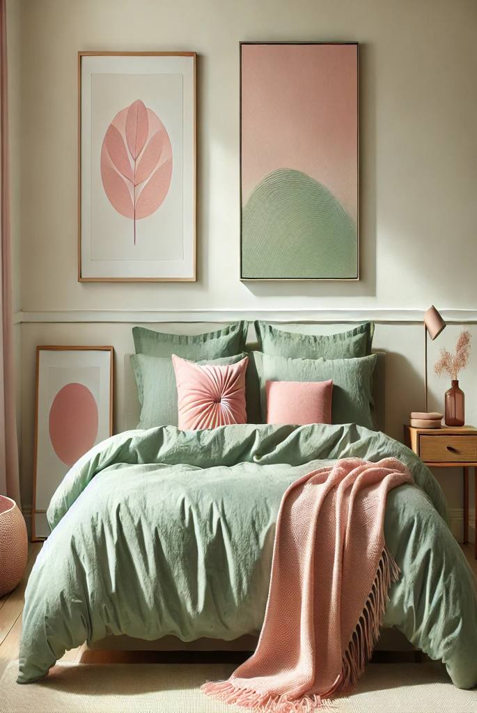 Sage Green Bedding with Pink Wall Art