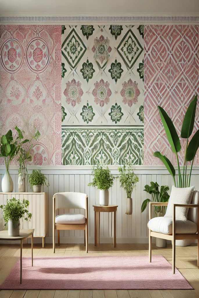 Patterned Wallpaper with Pink and Green