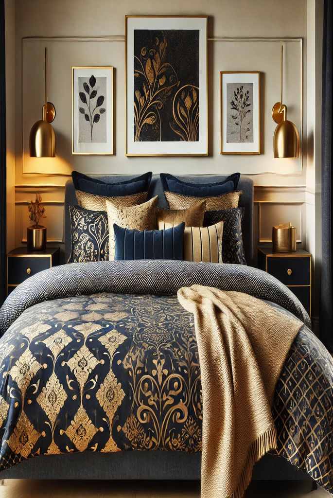 Navy and Gold Patterned Bedding