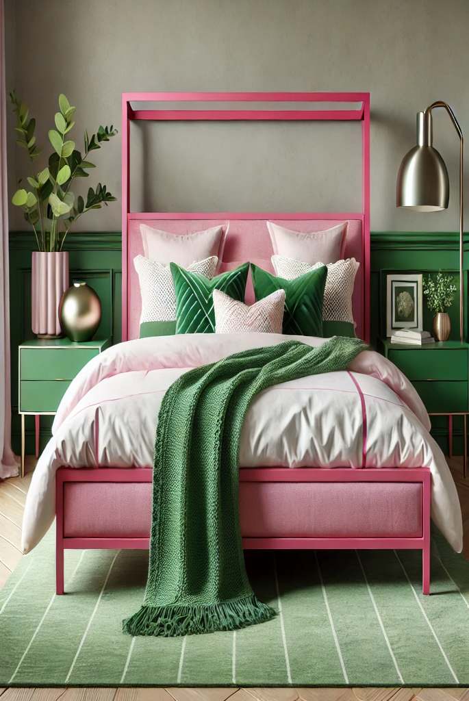 Pink Bed Frame with Green Cushions