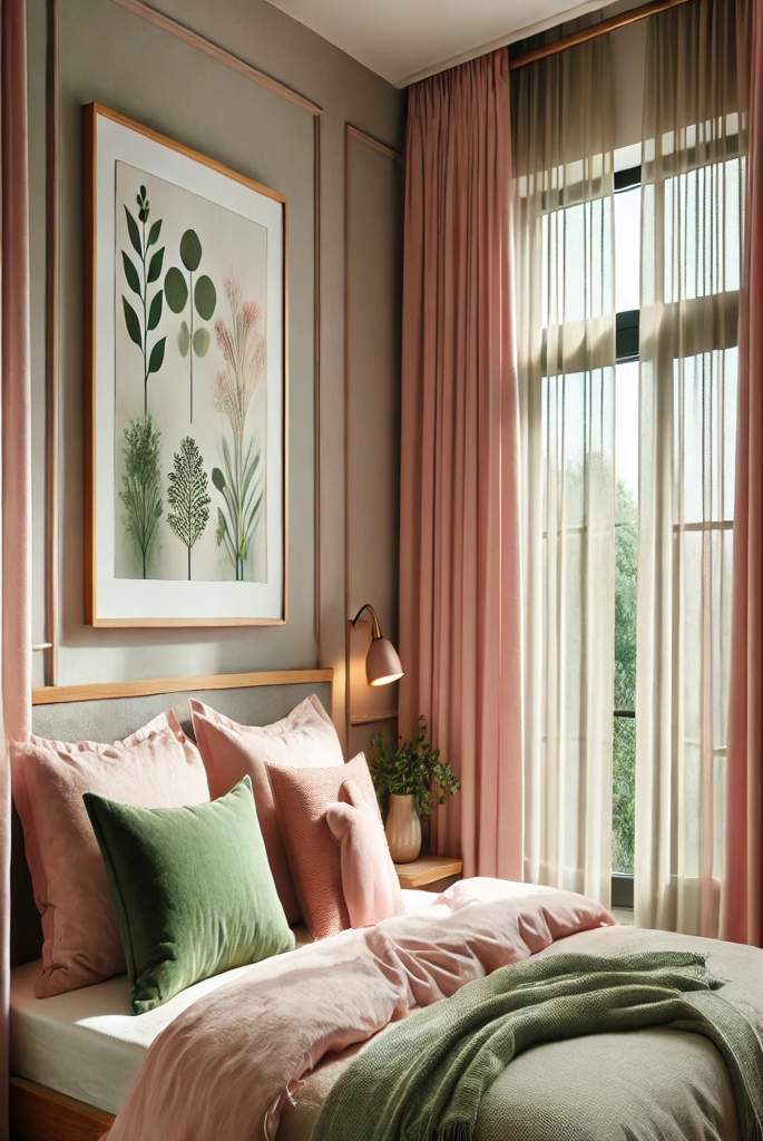 Light Pink Curtains with Green Artwork