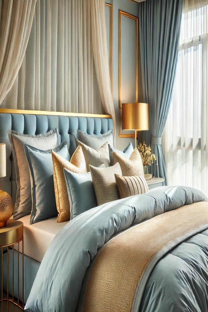 Soft Blue Bedding with Gold Throw Pillows