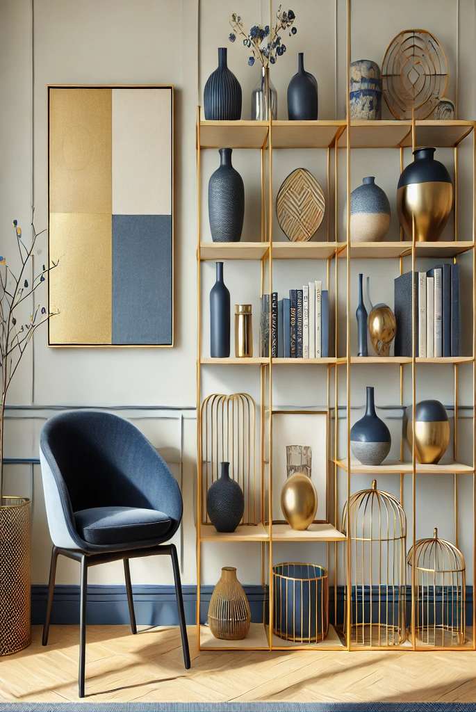 Gold Shelves with Blue Decor Items