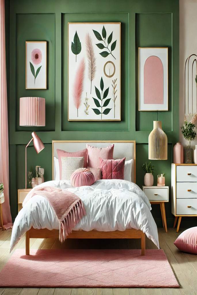 Green Accent Wall with Pink Decor