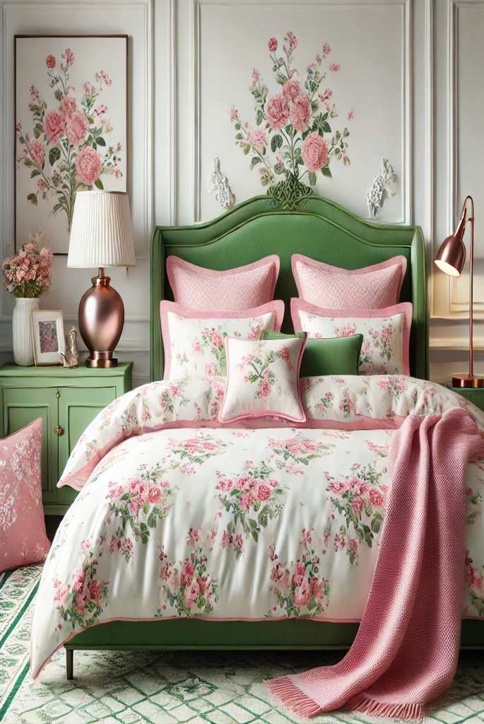 Pink Floral Bedding with Green Headboard