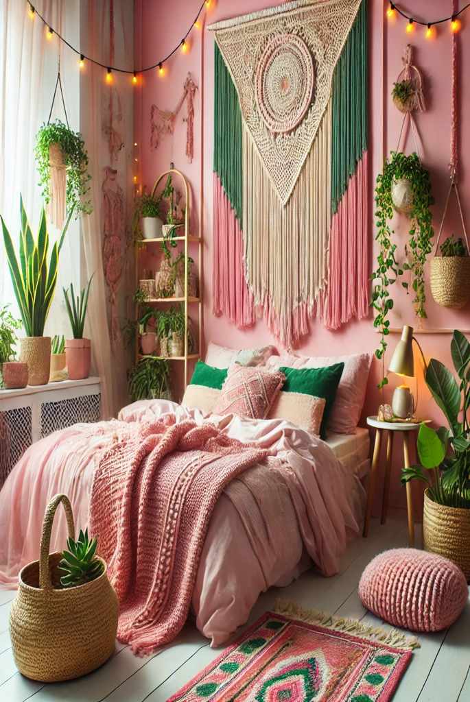 Bohemian Pink and Green Bedroom