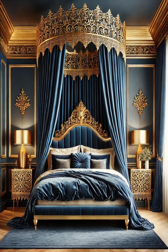 Gold Canopy Over a Blue Bed