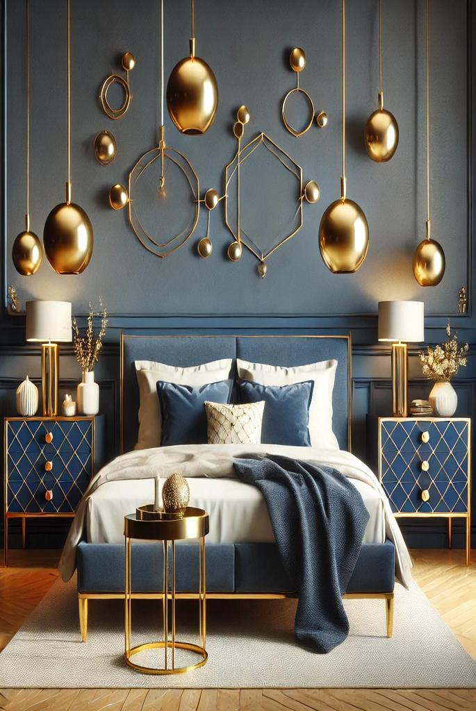 Gold Pendant Lights Over Blue Nightstands