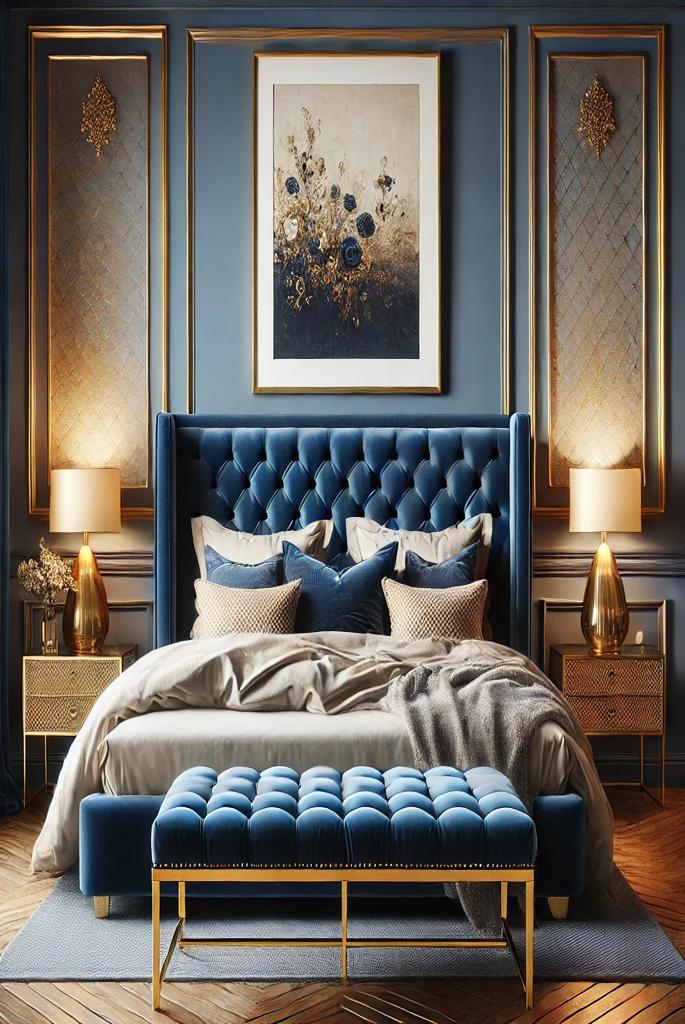 Deep Blue Velvet Headboard with Gold Frames