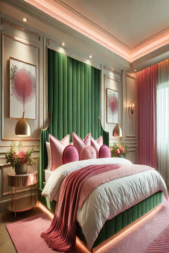 Velvet Green Headboard with Pink Accessories