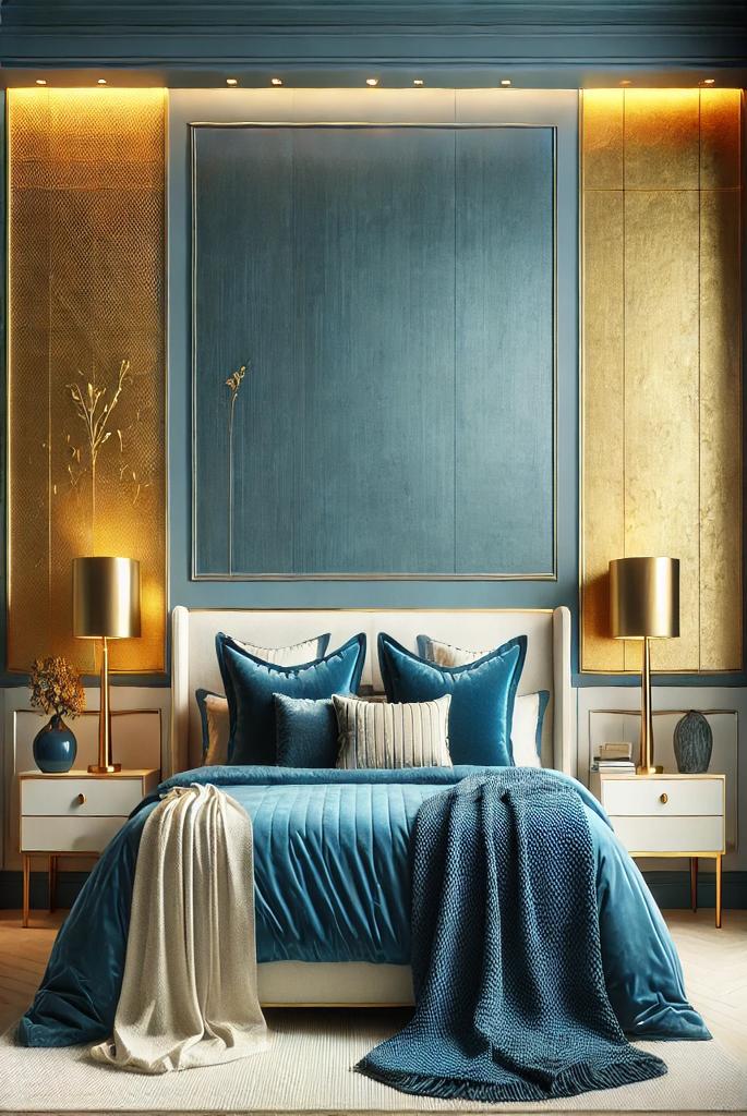 Blue Bedspread with Gold Accent Wall