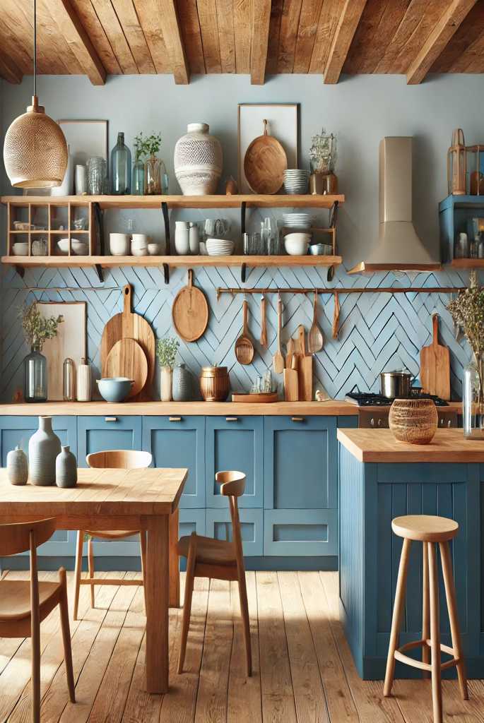 Blue Kitchen Decor with Natural Wood Elements