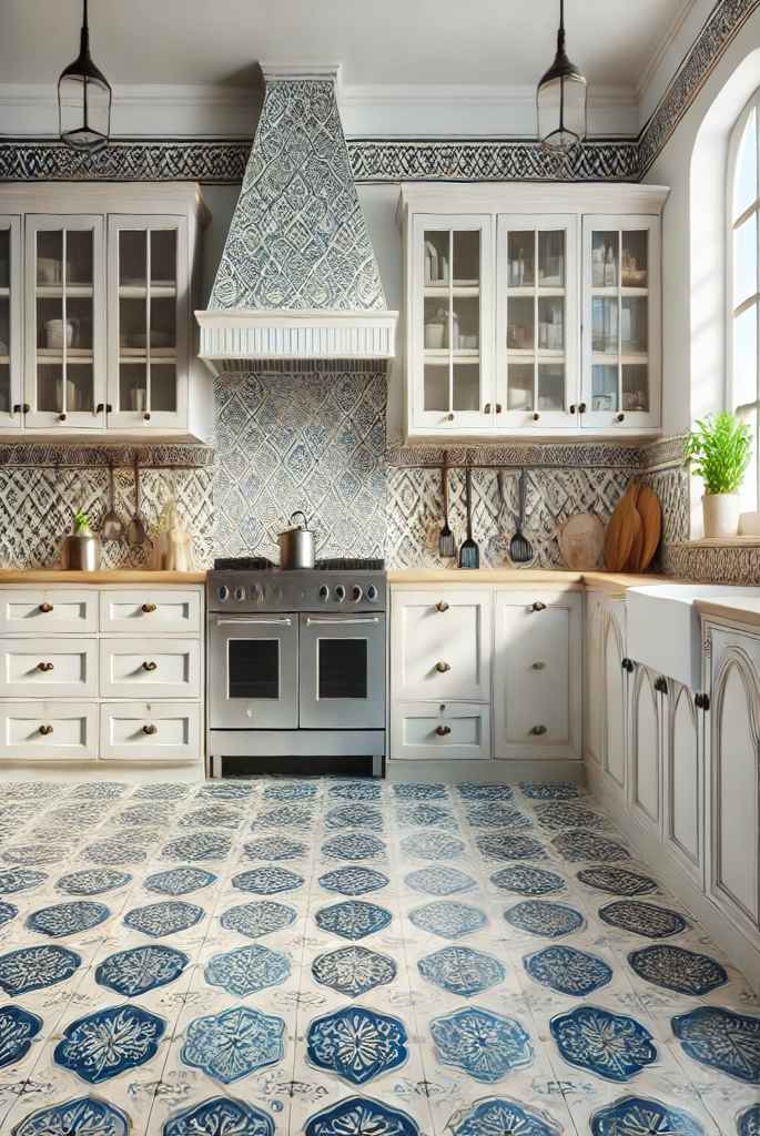 Blue Kitchen With Patterned Floors