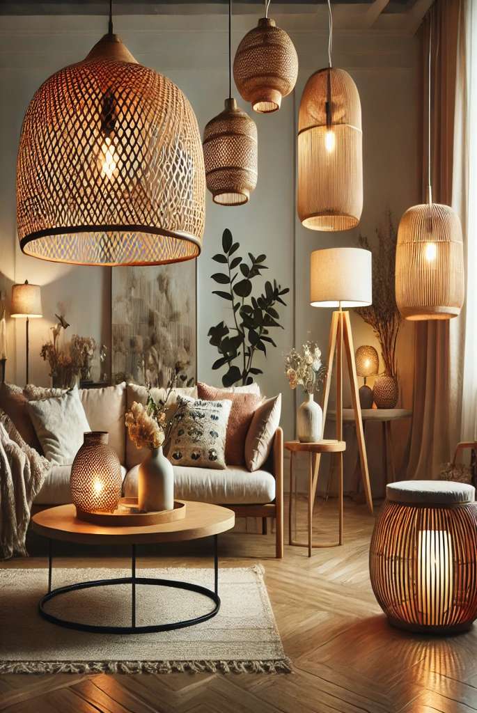 Boho living room wall decor and lighting