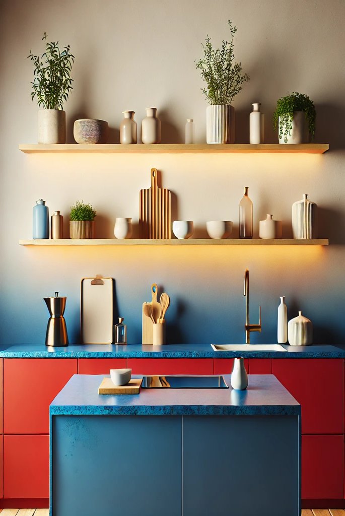 Bold Colored Counter with Neutral Shelves