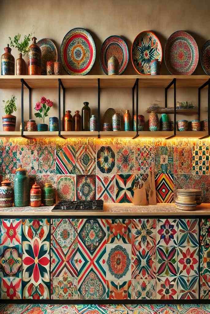 Bold Tile Counter with Matching Open Shelves