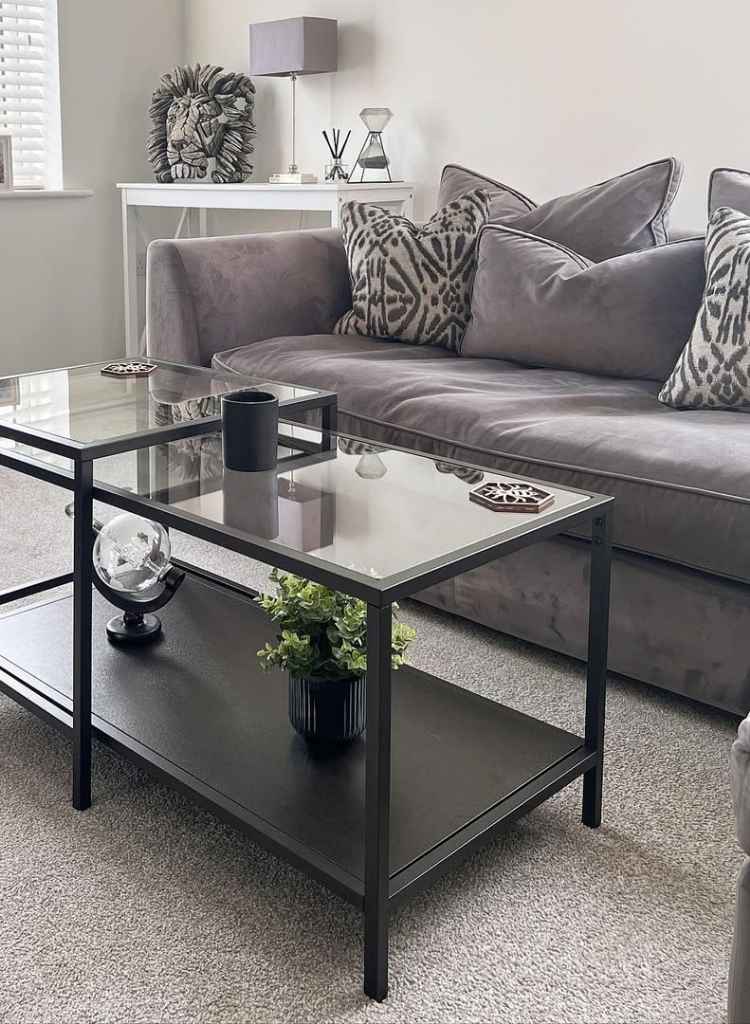 Chic Gray Velvet Sofa with Glass Table