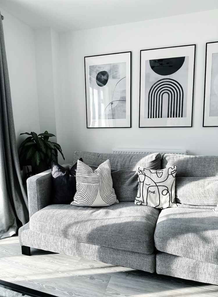 Contemporary Gray Sofa with Abstract Art