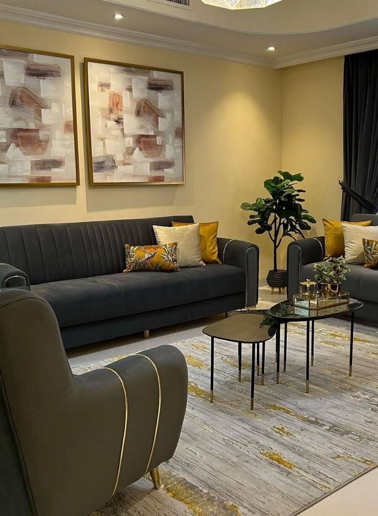Elegant Charcoal Sofa Set with Gold Accents