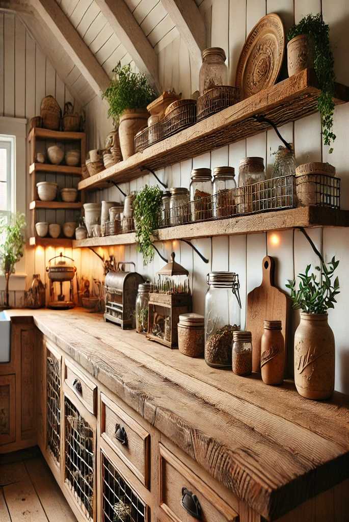 Farmhouse Style Counters with Rustic Wire Shelves