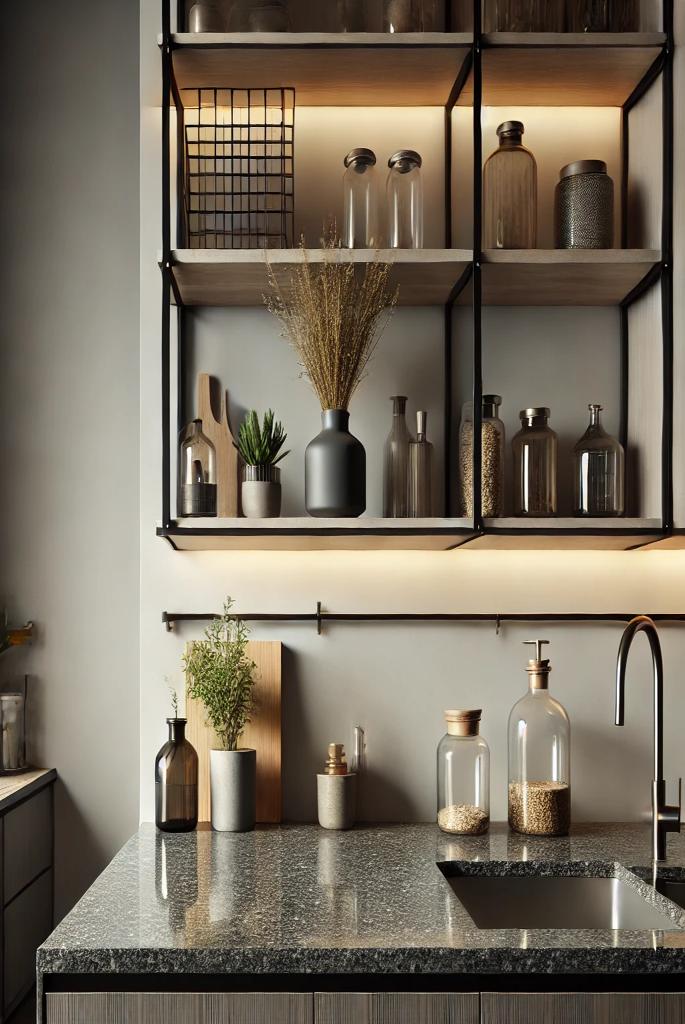 Granite Counter with Corner Open Shelves