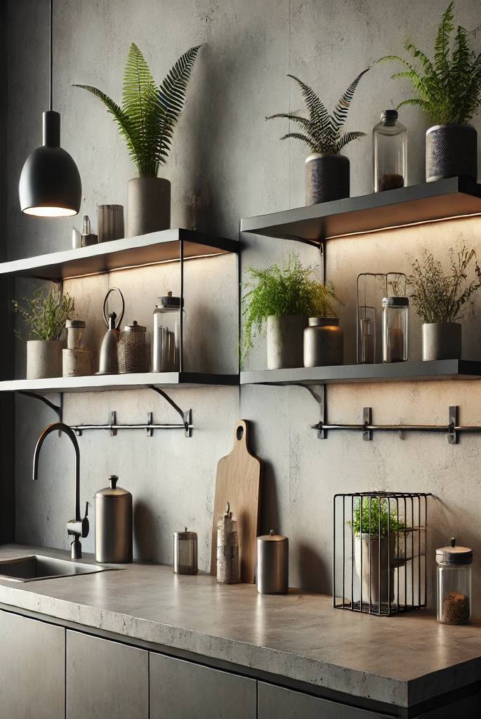 Industrial Concrete Counters with Metal Shelving