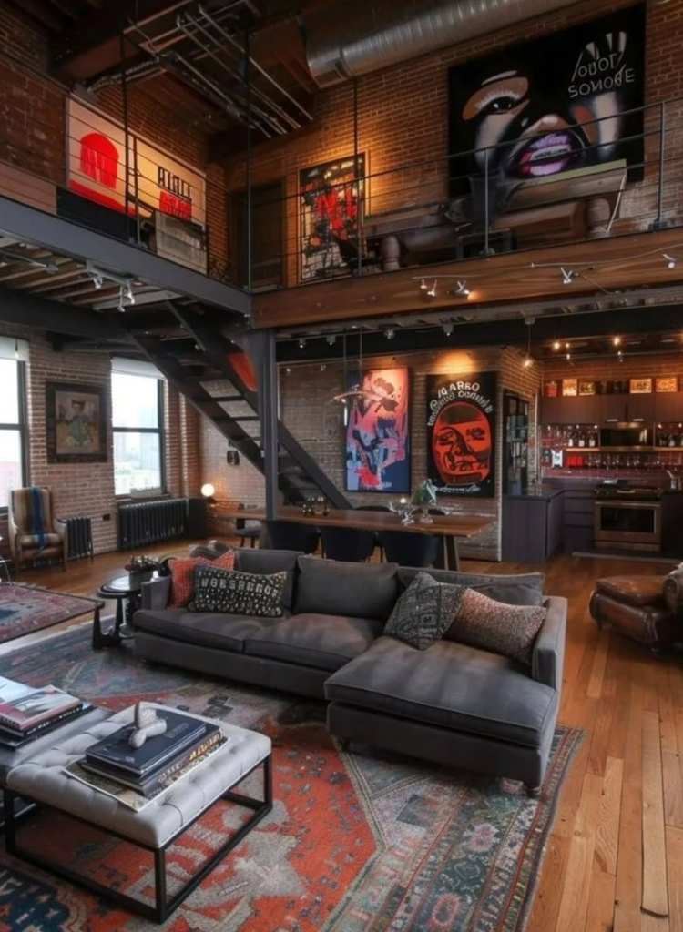 Industrial Loft Living Room with Dark Gray Sectional
