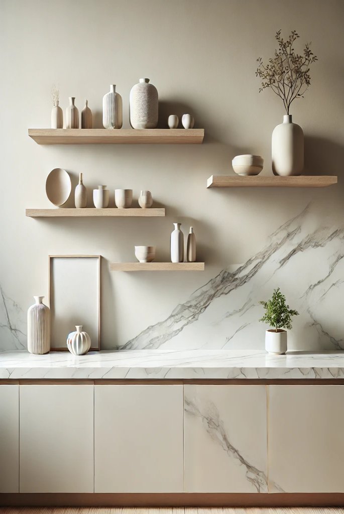 Minimalist White Marble Counter with Floating Shelves