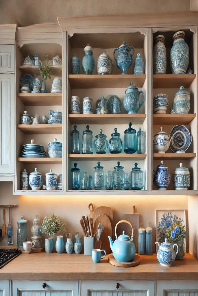 Open Shelving with Blue Kitchenware