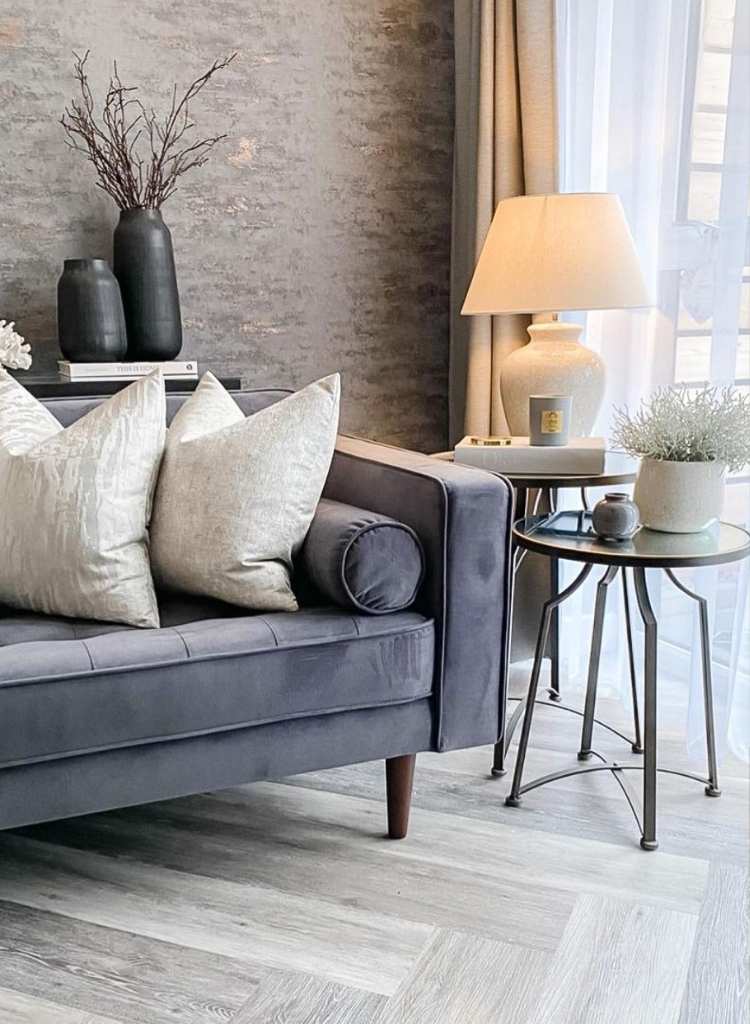 Velvet Gray Sofa with Cozy Corner Decor