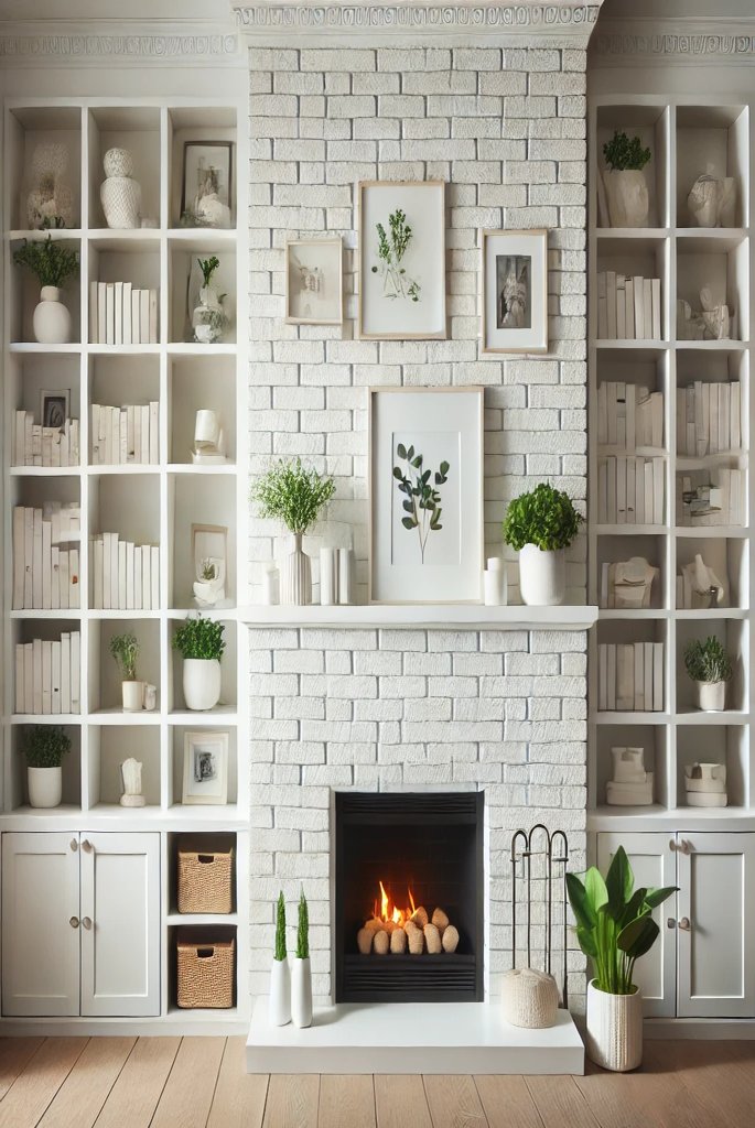 White Brick Fireplace with Styled Shelves